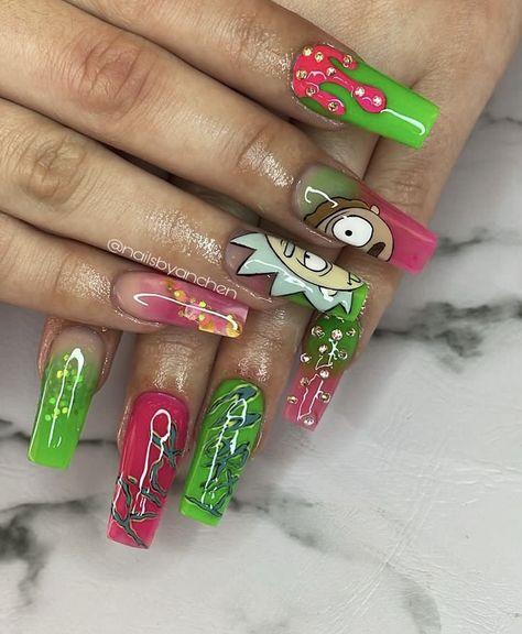 Rick And Morty Acrylic Nails, Rick Morty Nails, Rick And Morty Nail Designs, Cocomelon Nails, Cartoon Network Nails, Rick And Morty Nails Acrylic, Rick And Morty Nail Art, Cartoon Art Nails, Portrait Nail Art