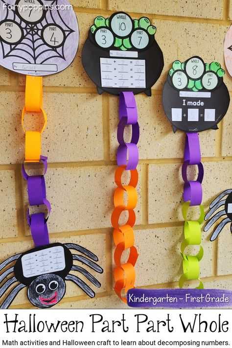 These Halloween math activities help kids learn about part part whole, decomposing numbers and fact families. #halloweenactivities #kindergartenmath #partpartwhole #decomposingnumbers #addition #mathcenter #mathcraft Math Fact Activities, Second Grade October Activities, Teach Addition Kindergarten, 2nd Grade October Activities, Halloween Math Craft First Grade, Halloween Math 1st Grade, Halloween Addition Activities, Halloween Fact Families, Halloween Math Activities 1st Grade