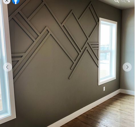 Master Accent Wall Ideas Paint, Geometric Wood Wall Design, Tv Wall Accent Color, Industrial Style Accent Wall, Geometric Accent Wall With Window, Mountain Accent Wall Bedroom, Accent Wall Ideas With Window, Decorating Large Wall Behind Sofa, Accent Wall Around Window