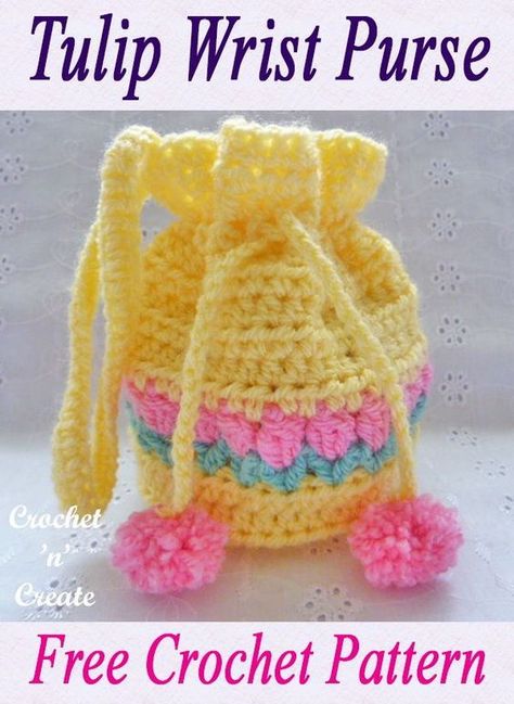 Crocheted Purses, Wrist Purse, Purse Patterns Free, Crocheted Purse, Crochet Drawstring Bag, Crochet Drawstring, Purse Crochet, Crochet Shell Stitch, Easter Crochet Patterns