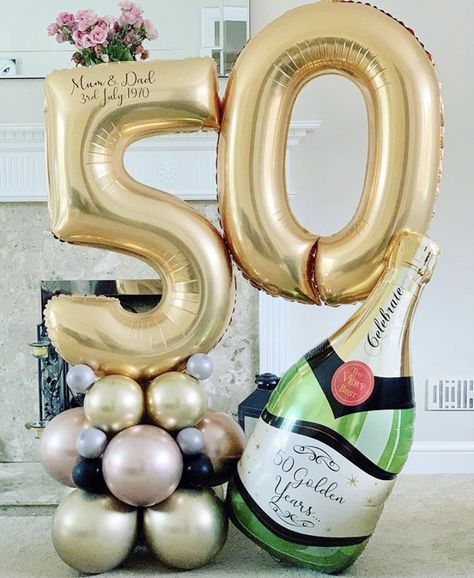 50 Balloon Bouquet, 70th Birthday Balloons, Masquerade Party Decorations, Champagne Balloons, Balloon Bouquet Diy, 50 Balloons, 50th Birthday Party Decorations, Simple Birthday Decorations, 50th Birthday Decorations