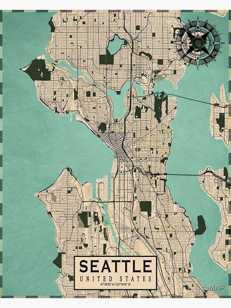 Seattle Map, Seattle Poster, Washington Map, Retro Map, Seattle City, Washington Usa, Map Wall Art, City Maps, Urban Planning