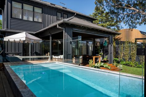 Winners of The Block's Backyard & Pool week Steph and Gian chose to install their Plungie Original above ground. Plungie Original, Concrete Plunge Pool, Pool Ledge, Pool Coping Tiles, Coping Tiles, Black Cladding, Glass Pool Fencing, Block House, Glass Pool