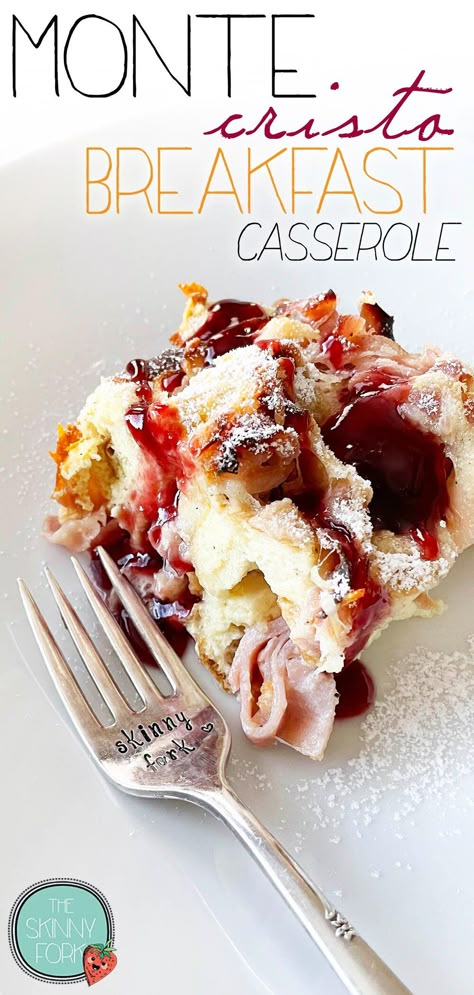 Cracker Barrel Breakfast Recipes, Easy Yummy Brunch Ideas, Monte Christopher Breakfast Casserole, Monte Cristo Strata, Ideas For Brunch Parties Breakfast, Monte Cristina Breakfast Casserole, Overnight Monte Cristo Breakfast Casserole, Crepe Casserole Breakfast, Overnight Monte Cristo Casserole