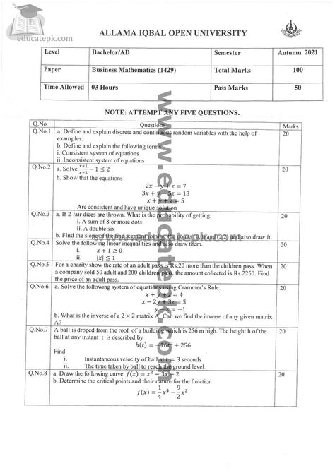 Aiou Past Paper 1429 Spring 2020 Aiou Past Papers 1429, Business Mathematics, Zimsec O Level Past Exam Papers, Mathematics Statistics, English Past Papers, Intermediate Accounting, Past Indefinite Tense Sentence, Business Math, Coral Draw