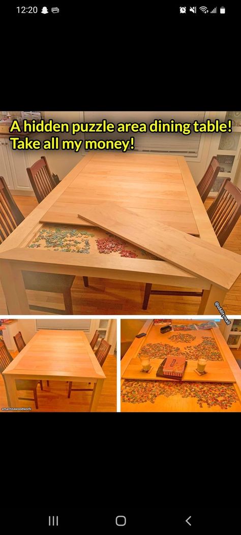 Pool Table Dining Table Cover Diy, Puzzle Dining Table, Diy Puzzle Table, Diy Puzzle Board, Table Cover Diy, Big Dining Table, Jigsaw Puzzle Table, Pool Table Dining Table, Magical Design