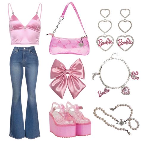 2000 Pink Outfit, Pink Early 2000s Outfits, Preppy Barbie Outfit, Early 2000s Girly Fashion, Pink Y2k Outfit Layout, Outfit Ideas Y2k Pink, Pink Y2k Outfit 2000s, Pink Y2k Aesthetic Outfits, Hot Pink Y2k Outfits