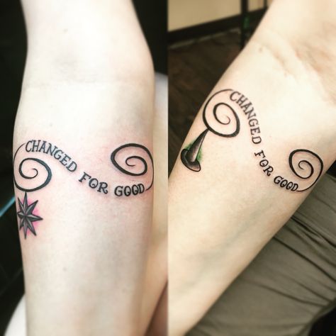 Wicked musical best friend tattoos Wicked Musical Tatoos, Broadway Musicals Tattoo Ideas, Matching Musical Tattoos, Matching Wicked Tattoos, Wicked Inspired Tattoos, Wicked Musical Tattoo Ideas, Broadway Musical Tattoos, Wicked The Musical Tattoo, Wicked Tattoo Designs