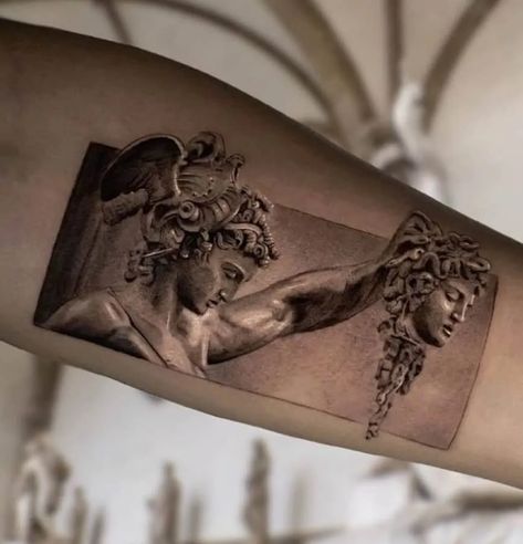 Medusa Tattoos: What Do They Symbolize? (With Images) Perseus And Medusa Tattoo, Perseus Tattoo, Perseus And Medusa, Greek God Tattoo, Medusa Tattoo Design, History Tattoos, Statue Tattoo, God Tattoos, Head Tattoo