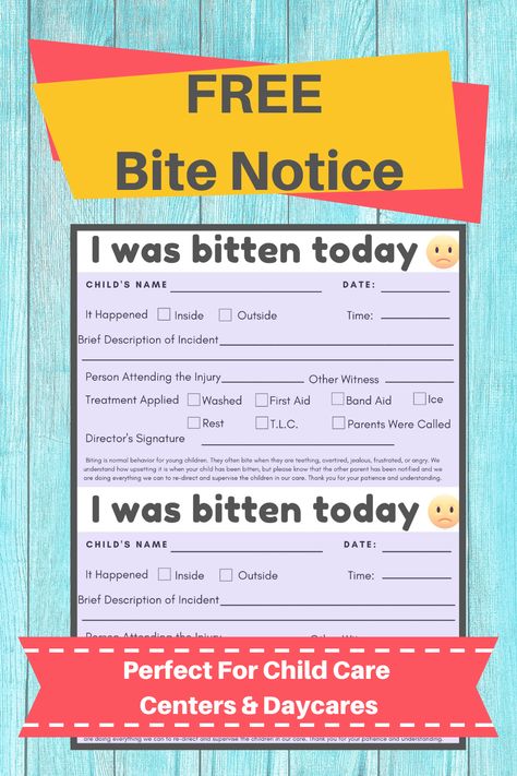 This form is normally for sale, but I’m offering it as a freebie for now. Use this form to notify a parent that their child has been bitten. It has a place to give all the details concerning the incident and your plan of action. Daycare Schedule, Daycare Signs, Daycare Organization, Parent Handbook, Infant Lesson Plans, Starting A Daycare, Teacher Forms, Daycare Forms, Daily Schedules