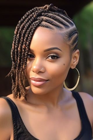 Corn Row Braids With Shaved Sides, Box Braids With Tapered Sides And Back, Side Braided Hairstyles For Black Women, French Braids With Shaved Sides, Lemonade Braids Shaved Sides, Braids To The Side For Black Women, Side Braids Black Women, Short Blonde Box Braids, Short Braid Hairstyles For Black Women