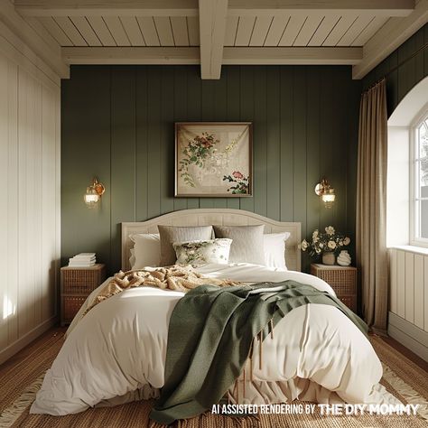 Wallpaper Guest Bedrooms, Cottagecore Master Bedrooms Decor, Green Paint Bedroom Ideas, Green Color Drenched Bedroom, Bedroom Moody, Modern Country Bedroom, Modern Cottage Bedroom, Modern Cottage Homes, Cozy Cottage Bedroom