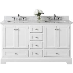 Home Decorators Collection Densbury 60 in. W x 22 in. D Bath Vanity in White with Cultured Stone Vanity Top in White with White Basins-Densbury 60W - The Home Depot 60 Inch Double Vanity, White Double Vanity, 60" Vanity, Recessed Panel Cabinets, Granite Vanity Tops, Cultured Marble Vanity Top, Gray Vanity, French Classic, Marble Vanity