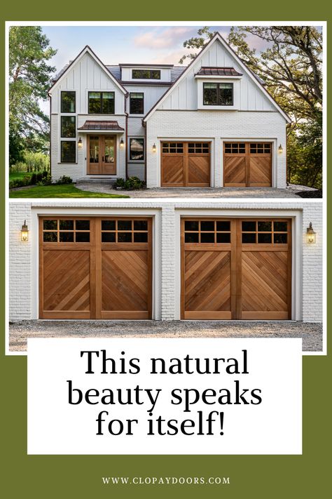 White House With Brown Garage Doors, Garage And Front Door Matching, White House With Wood Garage Doors, Coastal Garage Doors, Wood Garage Doors White House, Front Door And Garage Door Match, Natural Wood Garage Doors, Garage Doors Farmhouse, Beach Doors