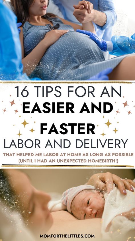 Pregnant woman breathing through her mouth while in labor and a postpartum mom with her newborn baby after childbirth. 16 tips for an easier and faster labor and delivery. How To Have A Fast Labor And Delivery, Soften Cervix For Labor, 3rd Trimester Labor Prep, Early Labor Contractions, Unassisted Homebirth, Naturally Induce Labor, Labor At Home, To Do Before Baby Arrives, Delivery Quotes