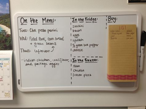 A more flexible dinner menu: I keep seeing dinner menus on Pinterest, but I find that throughout the week we get busy and don't always go with the plan. Using a whiteboard gives me flexibility to write down a day if I want, or just put a dinner idea up for any night of the week. Putting what's in the fridge makes sure we use our fresh ingredients, and lets everyone know what we already have on hand. I also put what we need on a tear off list so I can take it to the store with me. Easy as that! Meal Plan Whiteboard, Fridge Menu Board, Menu Writing Ideas, Fridge Whiteboard Ideas, Kitchen Whiteboard Ideas, Menu White Board, White Board Ideas Organizations, Whiteboard To Do List, Kitchen Whiteboard