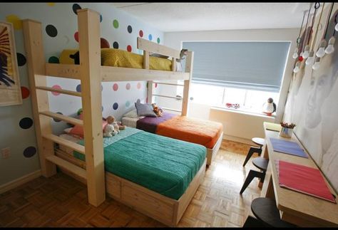 Three Beds, Kids Room Design Ideas Triplets Bedroom, Small Kids Bedroom, Triple Bunk Beds, Modern Bunk Beds, Bunk Bed With Slide, Triple Bunk, Bunk Beds With Stairs, Kid Bedroom, Bunk Bed Designs