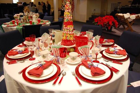 Ladies Tea Table Setting | we have our annual ladies banquet. Different women decorate tables ... Christmas Dinner Table Settings, Christmas Luncheon, 120 Round Tablecloth, Christmas Tea Party, Round Tablecloths, Holiday Tablecloths, Christmas Dinner Table, Christmas Tablecloth, Dinner Table Setting