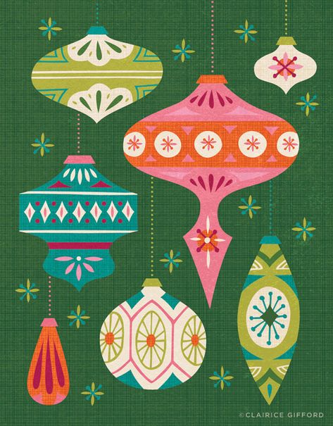 Illustration Design Graphique, Retro Christmas Decorations, Christmas Card Illustration, Christmas Card Ornaments, Retro Ornaments, Pink Blue Yellow, Vintage Christmas Cards, Christmas Mood, Holiday Illustrations