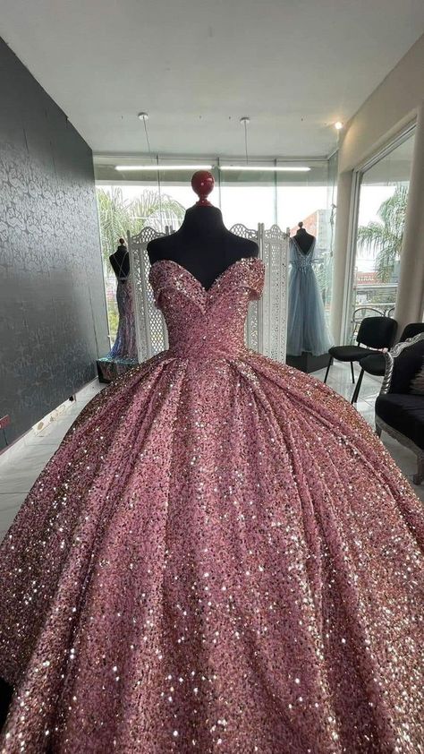 Pink Sparkly Quinceanera Dresses, Ball Gown Sleeves, Ball Gown Sweet 16, Gown Sleeves, Xv Ideas, Xv Dresses, Sequin Ball Gown, Sweet Sixteen Dresses, Sweet 16 Dress