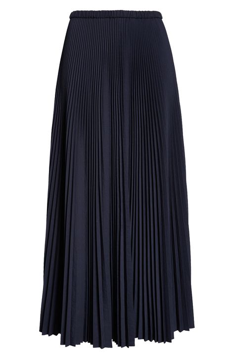 Accordion pleats add impeccable texture to this flowy and versatile maxi skirt. 35" length (size Medium) Elastic waist 82% polyester, 18% cotton Dry clean Imported Zara Closet, Navy Skirt Outfit, Work Lookbook, Navy Blue Maxi Skirt, Maxi Pleated Skirt, Tzniut Fashion, Minimalist Wardrobe Capsule, Blue Pleated Skirt, Classy Skirts