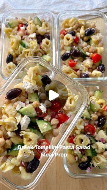 Becca | TeacherTastes on Instagram: "Greek Tortellini Pasta Salad

Makes enough for 5 lunches so Nick and I split them this week!
- 12 oz cheese tortellini (I used barilla that is found in the pasta isle)
- 1 can chickpeas drained and rinsed 
- 1 English cucumber, cut into quarters
- 1 cup cherry tomatoes, halved
- 3/4 cup feta cheese
- 1/2 cup Kalamata olives
- 1/2 red onion, diced

Dressing:
- 1/4 cup olive oil
- 3 tbsp red wine vinegar
- 1 tsp minced garlic
- Salt, pepper, oregano, dried dill (measure with your heart, I added a decent amount of each)
- 1 tbsp lemon juice 

1. Cook the cheese tortellini according to the package instructions. Once cooked, drain and set aside to cool.

2. In a large mixing bowl, combine the cooked and cooled tortellini, drained and rinsed chickpeas, quarte