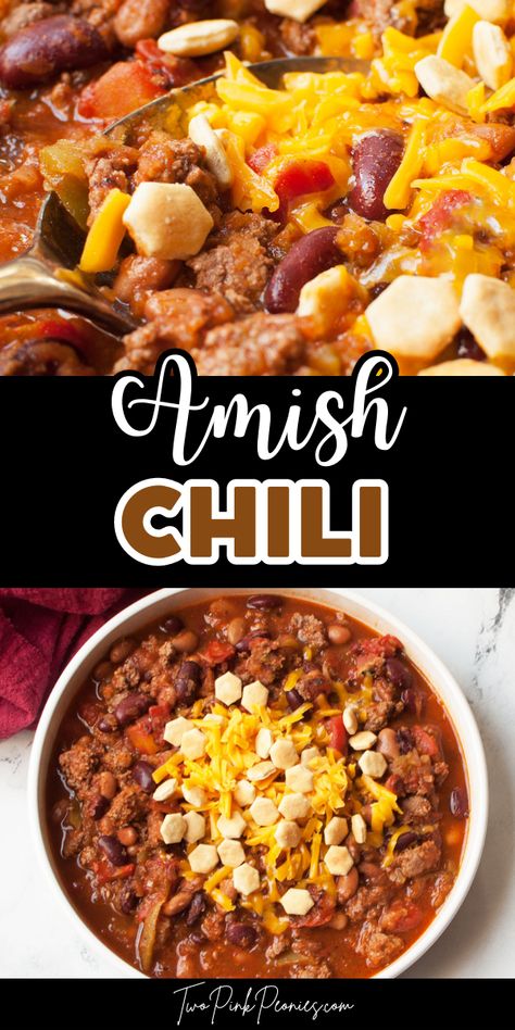 Text that says Amish Chili above and below the text are images of chili with crackers and cheese in it. Amish Chili Recipe, Amish Recipes Authentic, Best Amish Recipes, Mennonite Recipes, Favorite Chili Recipe, Beef Chili Recipe, Old Fashioned Recipe, Recipe For Dinner, Chili Recipe Easy