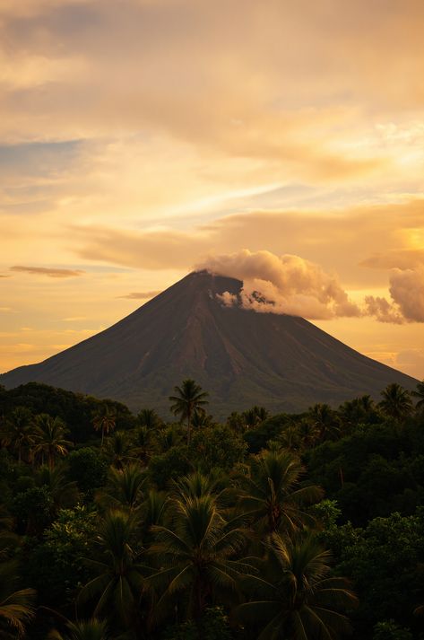 Mayon Volcano's perfect cone at sunset. Golden hour light bathes coconut plantations and wispy clouds around the peak. Explore Albay's natural beauty and traditional rural life. #MayonVolcano #Philippines #TravelGoals Philippines Mountains, Sunset Philippines, Albay Philippines, Mayon Volcano, Tropical Vegetation, Wispy Clouds, Stunning Sunset, The Golden Hour, Philippines Travel