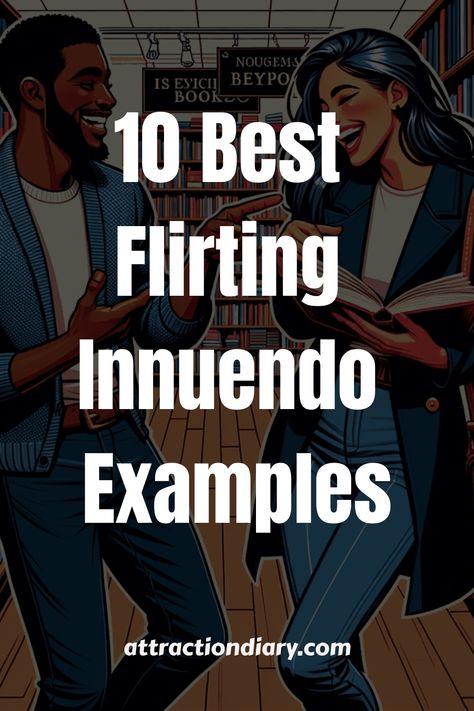 Animated man and woman laughing together in a library with a title overlay "10 Best Flirting Innuedo Examples" from attractiondiary.com. Sarcastic Flirting, Flirty Snapchat Stickers, Innocent Flirting, Flirty Conversations, Flirty Humor, Flirty Lines, Flirting Tips, Flirty Memes, Compliment Someone