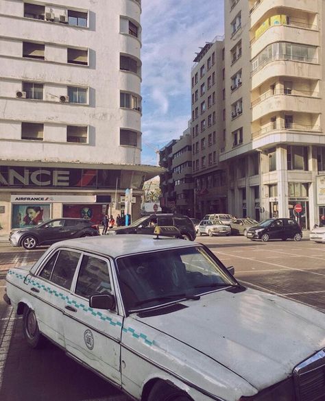 Moroccan Street, White Taxi, Morocco Art, Mercedes 190, Casablanca, Morocco, Mercedes Benz, Cars, Collage