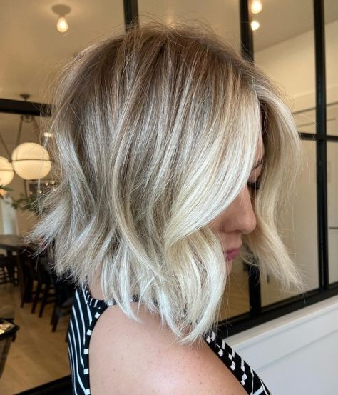 Bob Shag with Toasted Coconut Balayage Rooty Blonde Bob, Balayage Bob Blonde, Blonde Balayage Bob Short, Bob Balayage Blonde, Toasted Coconut Hair Color, Blonde Bob With Curtain Bangs, Creamy Blonde Balayage, Strawberry Hair Color, Bob Shag