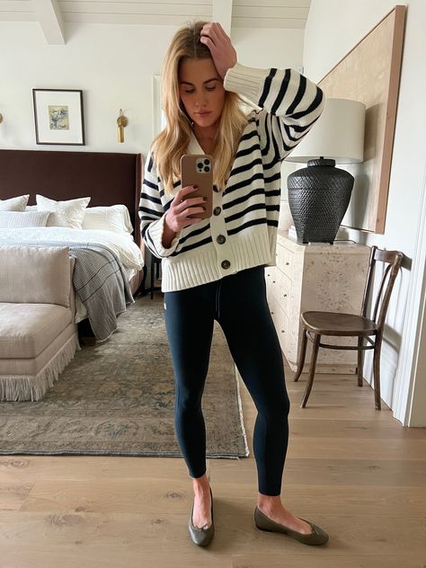 Shea Mcgee Style Clothing, Classic Navy Cardigan For Fall, Navy Stripe Cardigan Outfit, Fall Dresses - Shea Mcgee, Shea Mcgee Fashion, Shea Mcgee Style, Fall 2024 Cardigan Outfits, Shea Mcgee Outfits, Madewell Duster Cardigan