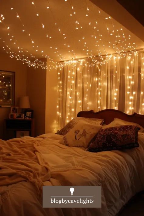 🌟 Transform your bedroom with our guide to the best fairy lights ideas. Perfect for a dreamy bedroom aesthetic. 🌟 Check it out! 🌟 Fairy Lights On Bedroom Ceiling, Bedroom With Fairy Lights Ideas, Bedroom Ideas With Fairy Lights, Bedroom Fairy Lights Aesthetic, Christmas Bedroom Lights, Ceiling Fairy Lights Bedroom, Cozy Lights Bedroom, Cozy Fairy Lights Bedroom, Room Ideas Aesthetic Fairy Lights