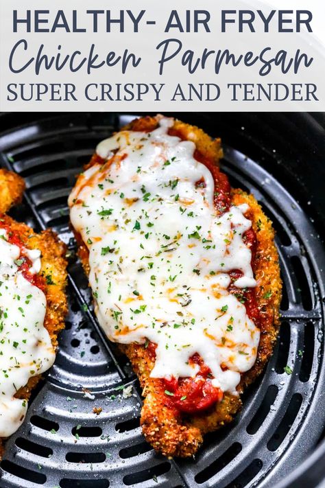 This Healthy Chicken Parmesan is breaded with a delicious panko and parmesan mixture and seasoned with garlic and Italian seasoning. It is air-fried without any oil at all but it still comes out super moist and crispy golden brown and tastes just like traditional chicken Parmesan. This super easy recipe requires only a few ingredients and can be ready in 10 minutes. Ninja Foodi Chicken Parmesan Recipe, Healthy Crispy Chicken Air Fryer, Air Fried Chicken Parm, Air Fryer Fakeaway, Chicken Parm Air Fryer Recipes, Macro Air Fryer Recipes, Chicken Air Fryer Recipes Boneless, Chicken Parmesan Air Fryer, Airfryer Chicken Breast