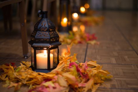 Ceremony Aisles with Lanterns and Fall Leaves Fall Leaf Wedding, Fall Ceremony, Jordan Wedding, Lantern Centerpiece Wedding, Lantern Centerpieces, Wedding Shower Decorations, Bridal Shower Centerpieces, Fall Wedding Centerpieces, Wedding Aisle Decorations