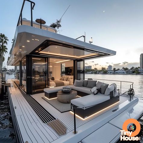 Luxury Yachts Aesthetic Houseboat Plans, Houseboat Remodel, Tiny Houseboat, Houseboat Decor, Float House, Small Houseboats, Boathouse Design, Pontoon Houseboat, Water Vehicles