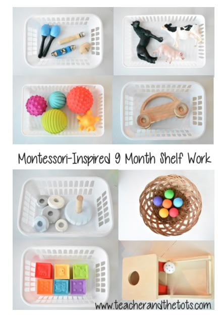 Montessori Play Activities, Infant Montessori Shelf, Montessori For 9 Month Old, 9 Month Play Ideas, Baby Montessori Shelf, Montessori Activities For Infants, 9 Month Old Montessori Activities, 9 Month Montessori Activities, Montessori Activities For 9 Month Old