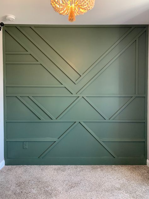 Dark Green Geometric Wall, Mossy Green Accent Wall, Sage Green And Gold Accent Wall, Sage Green Slat Wall, Diy Green Accent Wall, Hunter Green Bedroom Walls, Sage Green Accent Wall Bedroom Boho, Seafoam Green Accent Wall, Sage Green Living Room Ideas Accent Wall