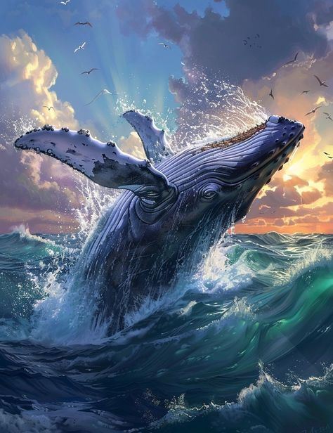 Whale Breaching, Whale Drawing, Golden Sunset, Whale Art, Waves Crashing, The Whale, Acrylic Artwork, Whale Shark, Landscape Drawings