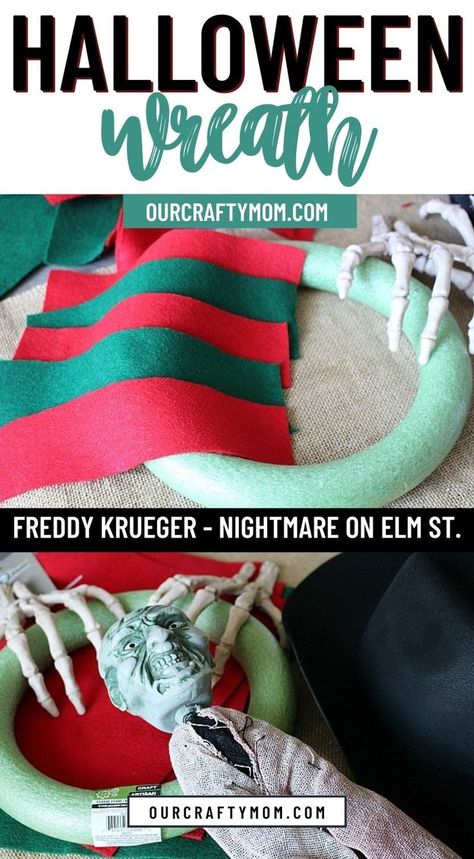 Freddy Krueger Diy Crafts, Nightmare On Elm Street Decorations Diy, Nightmare On Elm Street Wreath, Freddy Krueger Diy Decor, Nightmare On Elm Street Halloween Party, Nightmare On Elm Street Door Decorations, Freddy Krueger Halloween Decorations, Freddy Krueger Wreath Diy, Nightmare On Elm Street Party Ideas