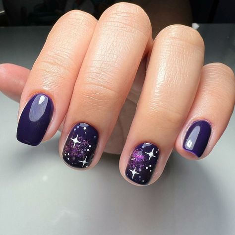 Black And Purple Celestial Nails, Short Nail Designs Moon And Stars, Short Galaxy Nails, Purple Stars Nails, Celestial Nails Short, Purple Celestial Nails, Space Nails Design, Dark Purple Nails With Glitter, Starry Nail Designs