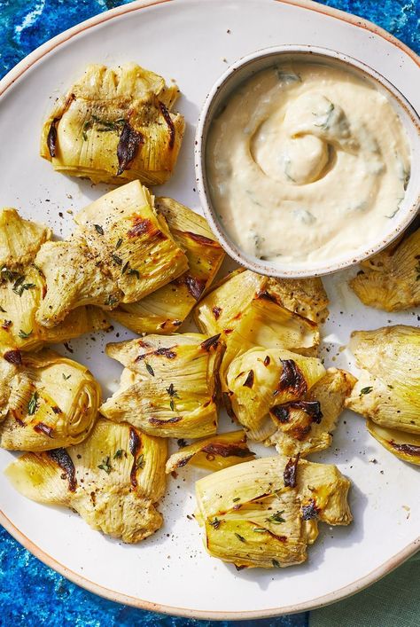 These smashed artichoke hearts are crispy with a tender, almost flaky interior and are just firm enough to dip in the bright and fresh lemon-dill aioli. Smashed Veggies, Dill Aioli, Lemon Dill, Artichoke Recipes, Pan Dinners, Favorite Appetizers, Holiday Meal, Veggie Side Dishes, Pan Recipes