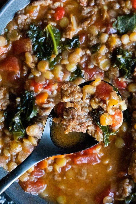 Lentil Soup with Italian Sausage Italian Sausage Lentil Soup Recipe, Carrabas Sausage And Lentil Soup, Spicy Sausage And Lentil Soup, Pork And Lentils, Potote Soup, Pork Sausage Soup, Italian Lentil Soup Recipe, Sausage Lentil Soup, Lentil Kale Soup