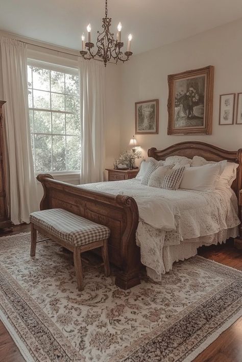 29 Bedroom Ideas for Adults to Add Personality and Sophistication 16 Romantic Interior Design Bedroom, Old Home Bedroom Ideas, Comfy Cottage Bedroom, Antique French Country Bedroom, Bedroom With Leaves, Antique Bedroom Decor Vintage, Cottagecore Master Bedrooms Decor, Old School Bedroom Ideas, French Country Provincial Decor