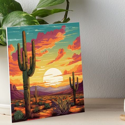 Professionally printed on firm, textured mat boards perfect for desks and shelves. Supplied with 3M velcro dots to easily affix to walls. Available in standard sizes. Experience the captivating allure of the desert with our "Desert Glow" illustration. This stunning artwork showcases a majestic saguaro cactus standing tall in a picturesque desert landscape, illuminated by the radiant glow of a breathtaking sunset. Desert Paintings Acrylic, Desert Color Scheme, Glow Illustration, Desert Sunset Painting, Desert Sunset Art, Arizona Painting, Desert Paintings, Cactus Artwork, Desert Landscape Art