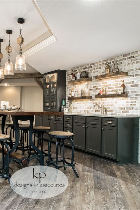 Fun Basement Bar Ideas, Bar Themed Basement, Brick Coffee Bar, Bar Wall Design Ideas, Brick Bar Ideas For Home, Brick Wall Bar Ideas, Game Room Bar Farmhouse, Basement Bar Backsplash Ideas, Brick Bar Backsplash