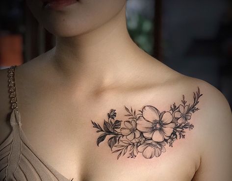 Clavicle Cover Up Tattoo, Womens Chest Cover Up Tattoo Ideas, Self Love Collar Bone Tattoo, Flower Collarbone Tattoos For Women, Collarbone Tattoo Cover Up Ideas, Female Collarbone Tattoo, Chest Collarbone Tattoo Female, Coller Bone Tattoos Women Flowers, Collarbone Tattoos For Women Flower