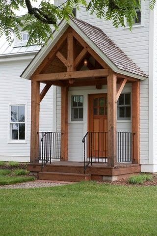 Small Porch Roof Ideas, Iowa Farmhouse, Minwax Stain Colors, Timber Frame Porch, Door Overhang, Cedar Posts, Porch Remodel, House Front Porch, Porch Addition