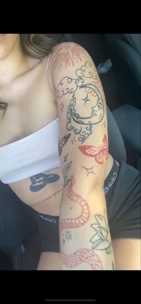 Beginner Sleeve Tattoo Women, Aesthic Tattoos Women, Arm Red Tattoo, Women Full Arm Tattoo, Women Tattoo Ideas Arm, Cloud Tattoo Sleeve Women, Scatter Arm Tattoos, Arm Tats Women, Half Arm Sleeve Tattoo For Women Unique