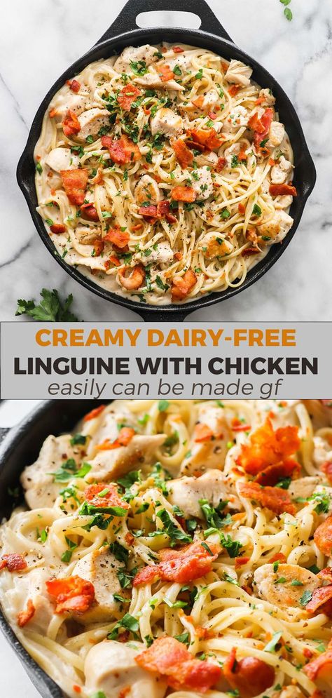 Creamy Linguine, Chicken Recipes Dairy Free, Dairy Free Pasta Recipes, Chicken Bacon Pasta, Dairy Free Recipes Dinner, Linguine Recipes, Dairy Free Pasta, Chicken Spaghetti Recipes, Pasta Chicken